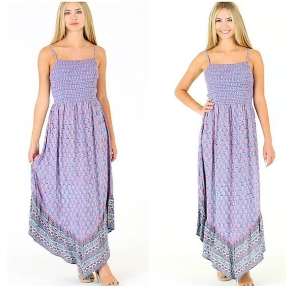 Penna&Pine Dresses & Skirts - Periwinkle Floral Smocked Angled Boho Maxi Dress